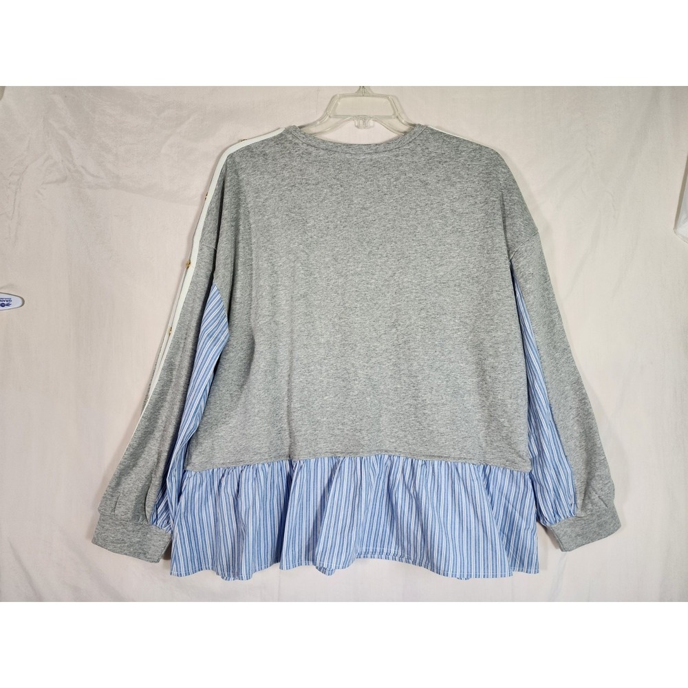 Maeve Anthropologie XL Mixed Media Ruffle Sweatshirt Gray Blue Top Preppy Boho - Picture 8 of 8